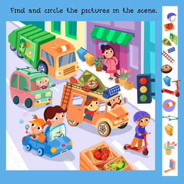 Cute cars and drivers in city. Find hidden objects. Educational puzzle game for kids.  Cartoon funny characters. People and transport, traffic jam in town. Vector illustration for children. 