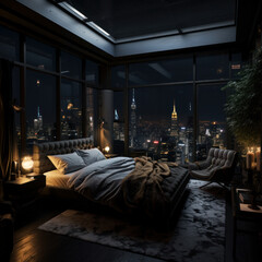  penthouse bedroom at night, dark gloomy, A room with a view of the city from the bed, ai generative