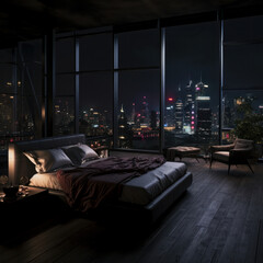  penthouse bedroom at night, dark gloomy, A room with a view of the city from the bed, ai generative