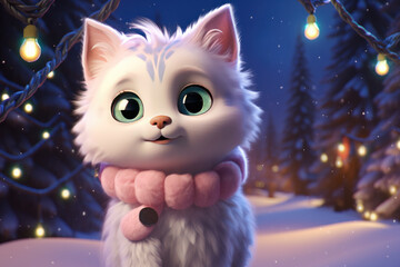 A cute snow cat in a wool scarf and colorful Christmas fairy lights. A cozy and festive holiday portrait of a domestic cat. ai generative