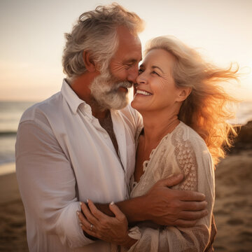 Romantic senior couple by the ocean. Affectionate elderly couple enjoying spending some quality time together after retirement, Generative AI