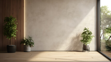 Modern contemporary loft empty room with open door to garden ,The Room. have concrete and wooden plank wall, parquet floor, plants, panoramic window.