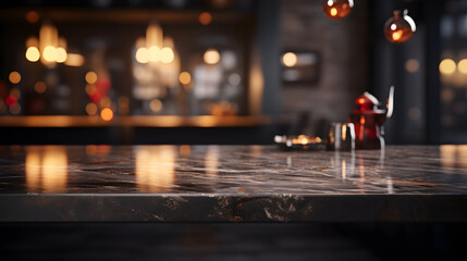 Modern empty dark marble table on blurry bokeh kitchen room interior background. for montage product display. luxury  interior - obrazy, fototapety, plakaty