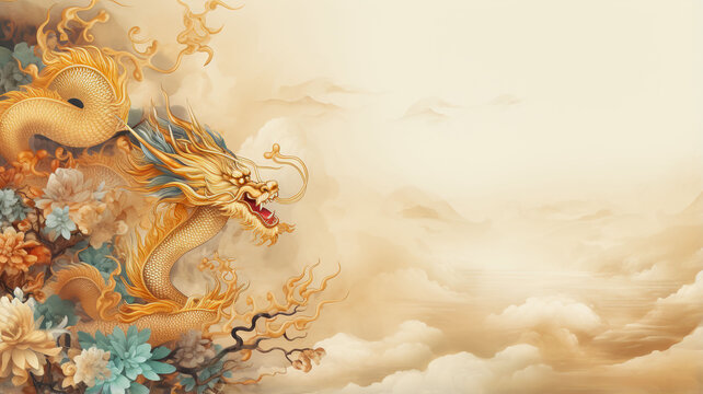 golden dragon images It has a pastel gold background. For various designs or festivals such as New Year, carnival, abstract.