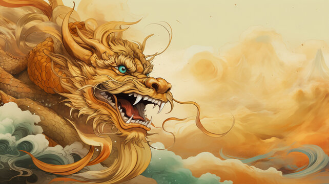golden dragon images It has a pastel gold background. For various designs or festivals such as New Year, carnival, abstract.