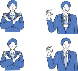 OKサインとNGのポーズをするスーツを着た男性