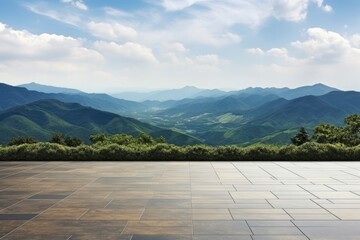 Square floor and green mountain nature landscape.