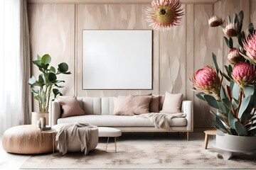 living room with frames and flowers