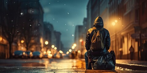 Lost in city. Portrait of homeless man. Urban desolation. Lonely soul. Hardship and hope in city. Life on streets. Portrait of urban homelessness - obrazy, fototapety, plakaty