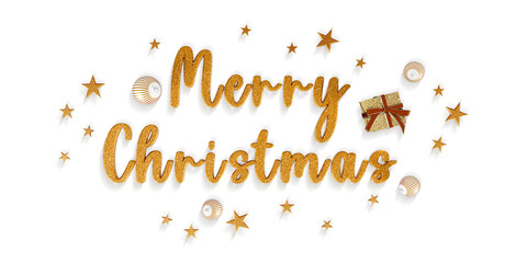 Merry christmas text and decorations on white background - Powered by Adobe