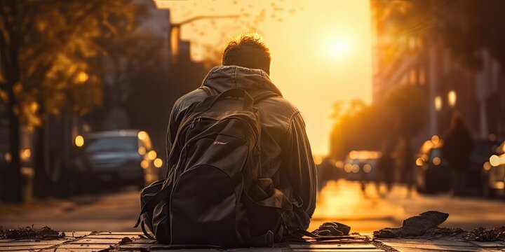 Lost in city. Portrait of homeless man. Urban desolation. Lonely soul. Hardship and hope in city. Life on streets. Portrait of urban homelessness