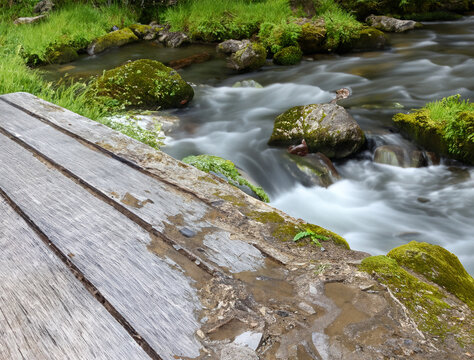 a wooden bridge by a waterfall stream