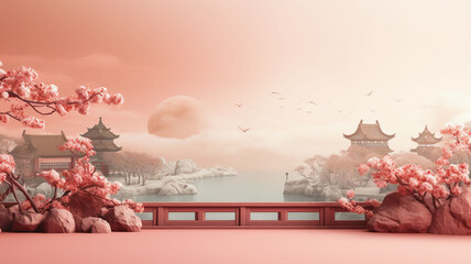 Chinese and Japanese style nature images, with mountains, ancient castles, and the sky, with a...