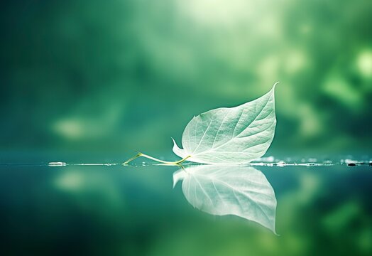 White transparent leaf on mirror surface with reflection on green background macro.