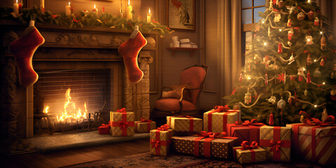 Cozy Christmas interior with a glowing tree, fireplace, and presents . Warm and Cozy Christmas Interior with Tree, Fireplace, and Presents