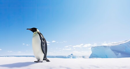 Fototapeta premium Penguin standing in Antarctica looking into the blue sky.