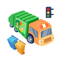 Naklejka premium Rubbish truck with containers and traffic lights. Transport in cartoon style. Vector isolated illustration on white background.
