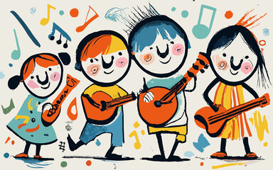 Illustration of children playing guitar with crayons colorful childish style