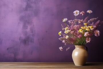 Fototapeta na wymiar Vase of wildflowers on wooden table and pastel wall texture background