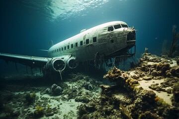 Divers explore sunken airplane. Underwater marvels. Generative AI