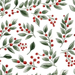 Seamless illustrated mistletoe on white backgrounds, ai generative