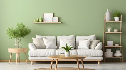 Fototapeta na wymiar green living room, White sofa and wooden coffee table near green wall with empty mock up poster frame and wooden shelves. Scandinavian interior design of modern stylish living room.