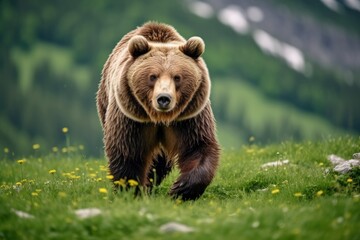 Brown bear moving on the green meadow in springtime nature.