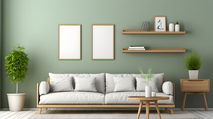 green living room, White sofa and wooden coffee table near green wall with empty mock up poster frame and wooden shelves. Scandinavian interior design of modern stylish living room.