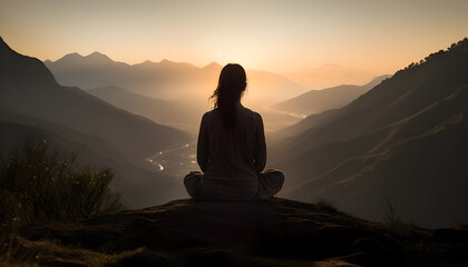 silhouette of a person sitting on a mountain top.