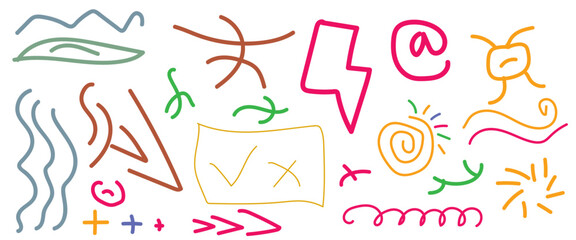 Abstract doodle design with hand drawn colorful shapes and lines, creative minimalist style art symbol collection for children or party celebration with modern shapes.