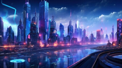 Obraz premium A futuristic, cyberpunk inspired cityscape at night.