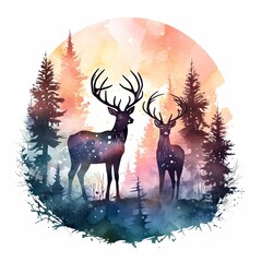 Colorful Deers in Forest. T-shirt design.