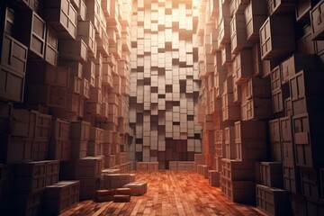 CGI illustration featuring stacked boxes in a storage facility. Generative AI - obrazy, fototapety, plakaty
