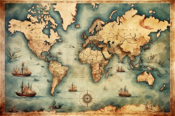 Great detailed illustration of the world map in vintage style.