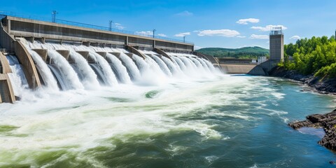 Hydroelectric dam generating green energy from flowing water.