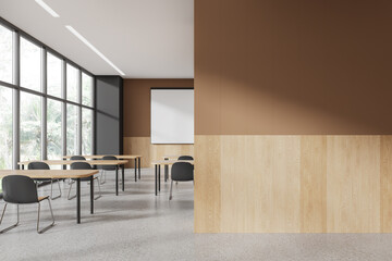 Modern class room interior with chairs and mock up screen, window. Empty wall