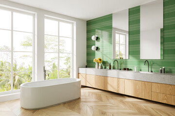 Elegant hotel bathroom interior with vanity and bathtub, panoramic window