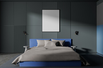 Dark home bedroom interior with bed and minimalist decoration. Mockup frame