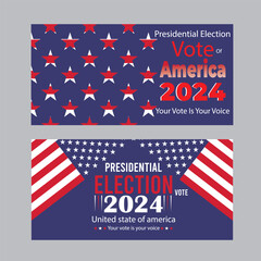 USA 2024 Presidential Elections Event Banner, background, card, poster design. Presidential Elections 2024 Banner with American colors design and vector typography. 