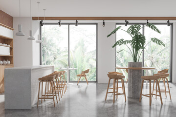 Elegant cafe interior with bar countertop and eating table with plant, window