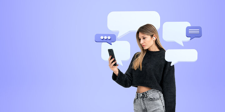 Young woman with phone in hand, mock up text message bubbles