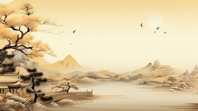 Chinese and Japanese style nature pictures with mountains and ancient castles. Has a pastel colored background. For various designs or festivals such as New Year, carnival, abstract.