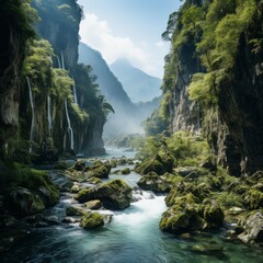 Naklejka na ściany i meble Photo of a majestic waterfall in a lush canyon. Generative AI