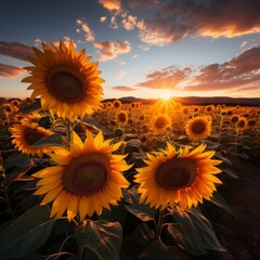 Photo of a sunflower field in the golden hour. Generative AI