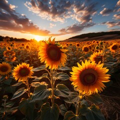 Photo of a sunflower field in the golden hour. Generative AI