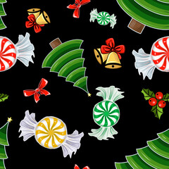 Seamless pattern of spruce, holly, bells and bow, multi-colored candy Digital illustration for various design, decorating background, birthday and party, textile making, printing packaging and covers