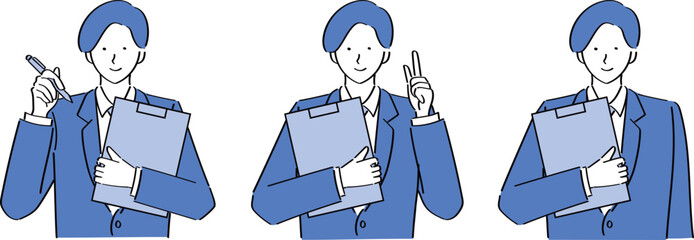 バインダーを持ってポーズをとるスーツ男性