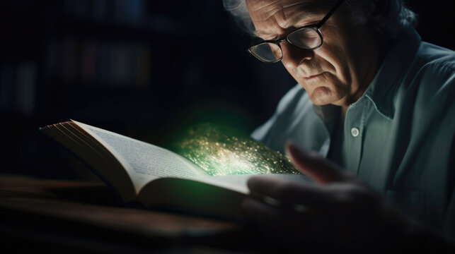 A visually impaired man using a Braille display to read a book