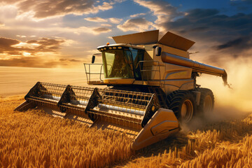 A massive combine harvester harvesting the prosperously cultivated wheat. Endless fertile terrain leading to the horizon. Labor supports the world's food supply. The concept of agriculture and product - obrazy, fototapety, plakaty