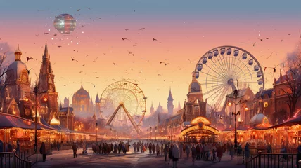 Fototapeten Paintings of festivals such as New Year, carnival, with balloons, children's toys, fireworks, bright lights, and people joining in the fun. pastel color background For various abstract designs © Rassamee